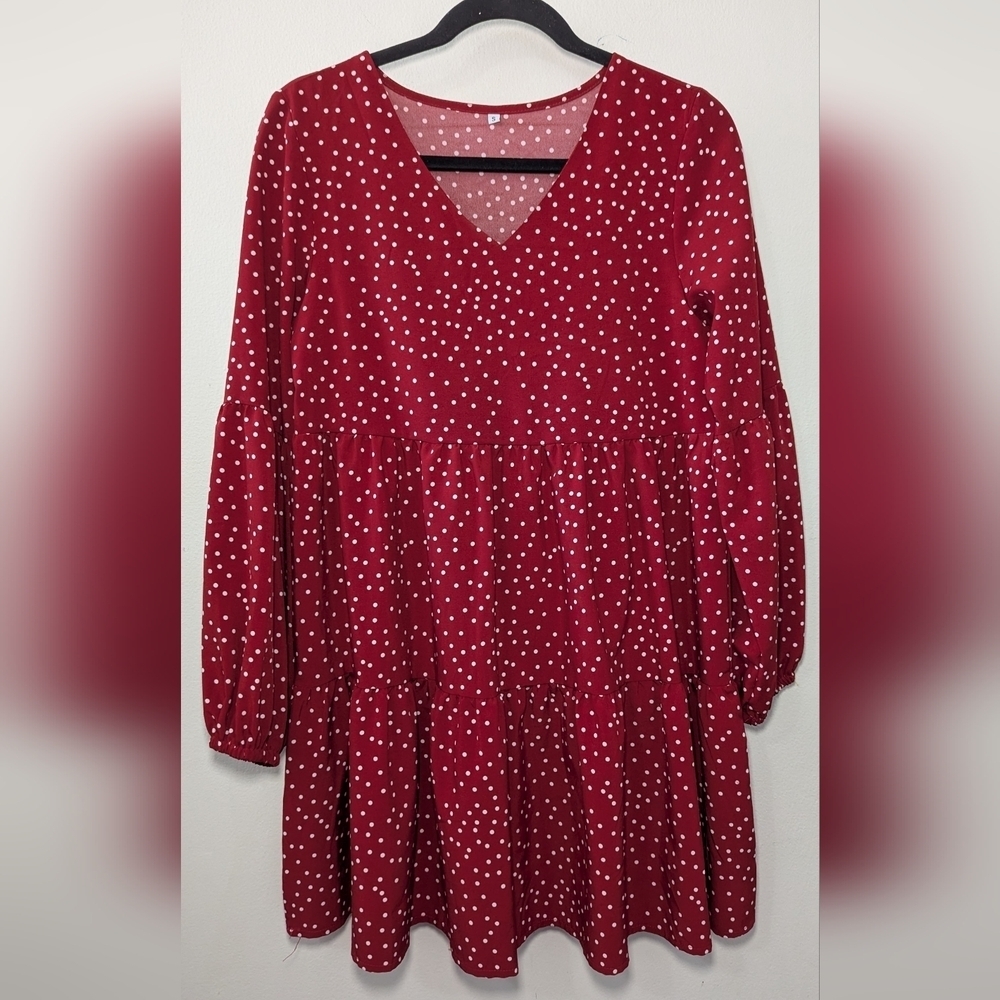 Red + White Polka Dot Dress Tiered Long Bishop Sleeves V-Neck Women's Size S
